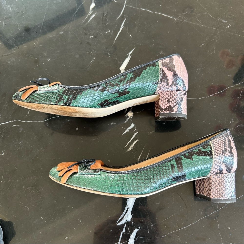 J. Crew Green and Pink Snakeskin Heels